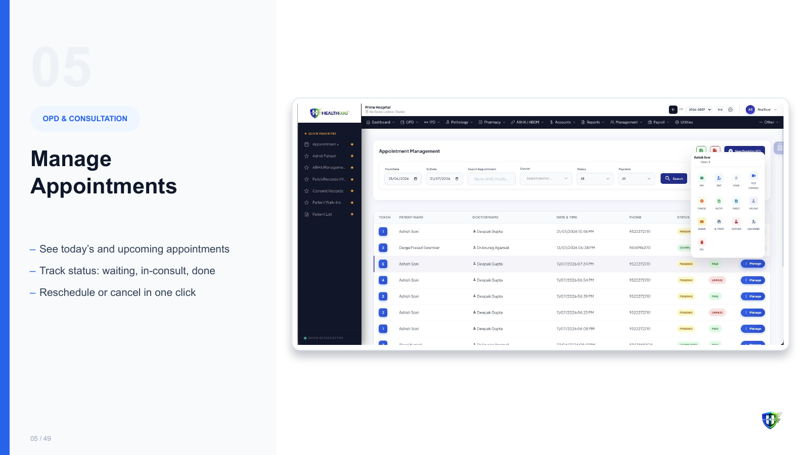 Manage Appointments screen in Healthixio hospital management software — See today’s and upcoming appointments